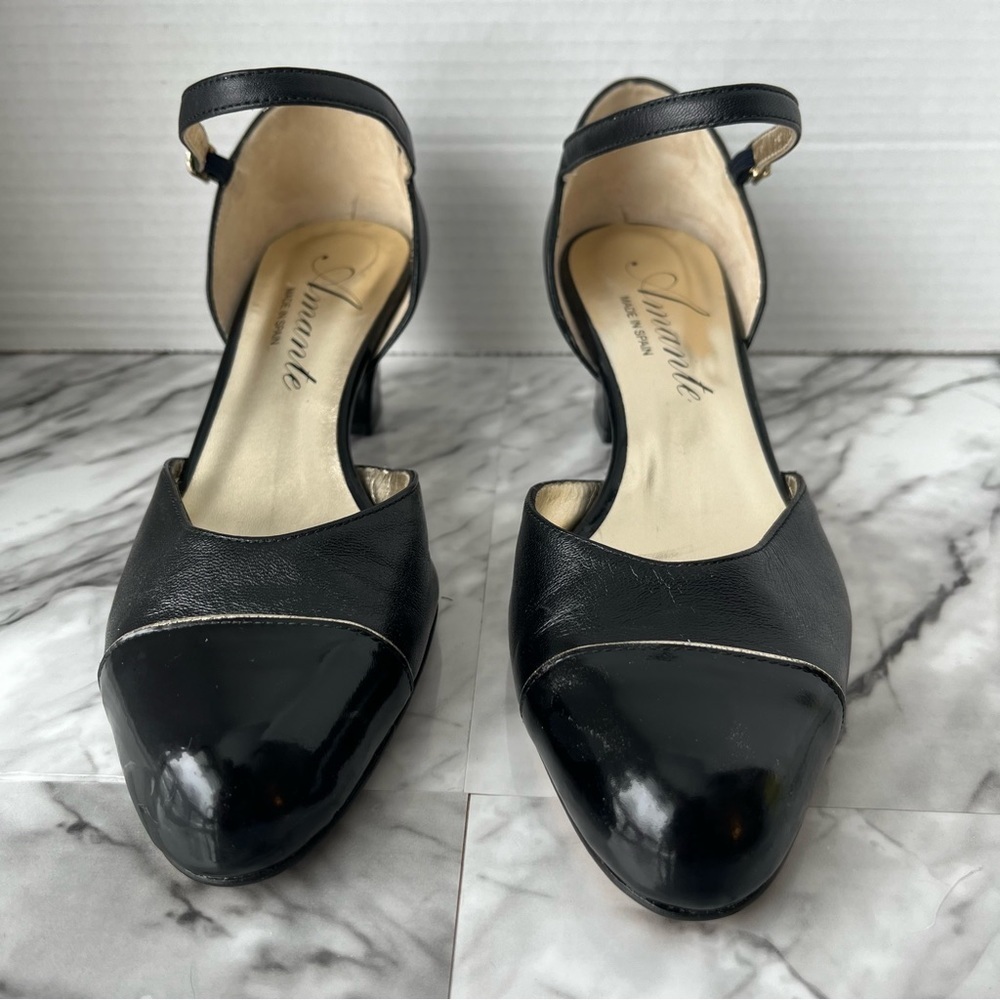 Amante vintage black leather shoes sandals ankle strap heels women’s size 7